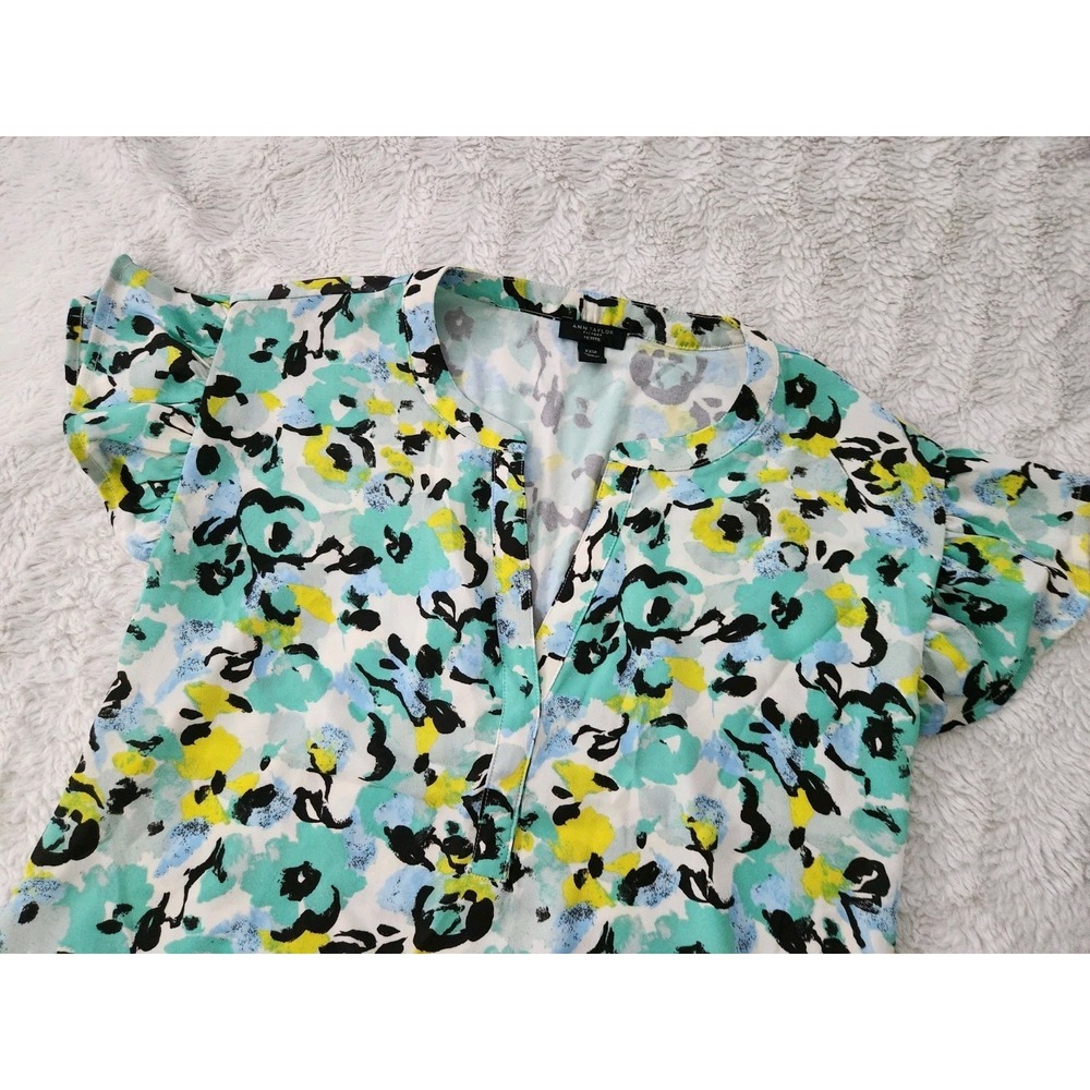 Ann Taylor Factory Petite XXSP Blouse Womens Multi Color Floral Ruffle Short...